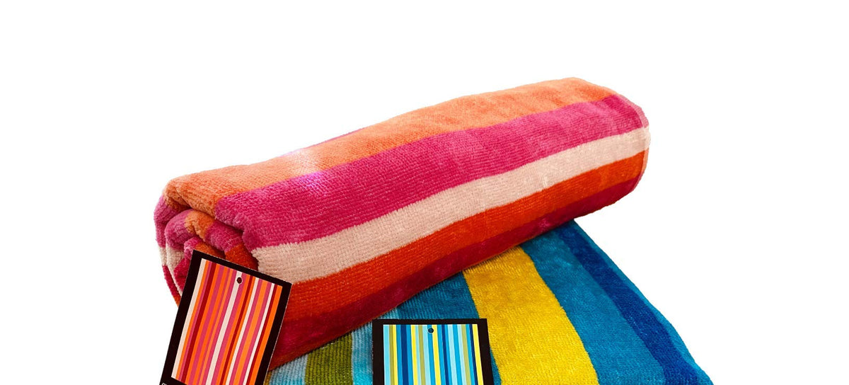 Lex's Linens Pack of 2 Striped Velour/Towelling 100% Cotton Beach Towels 1 X Blue, Green & Ochre & 1 Pink & Orange