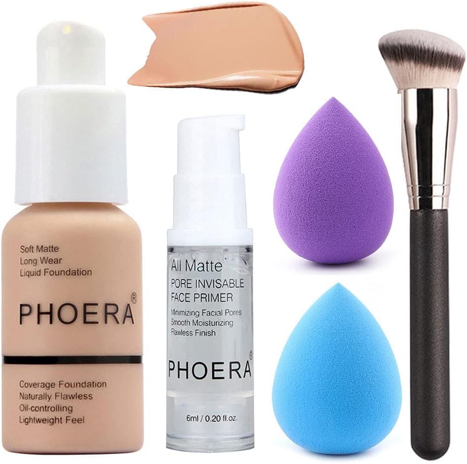 5PCS Liquid Foundation Set Matte Liquid Full Coverage Foundation with Face Primer Brush Makeup Sponge Makeup Set #103
