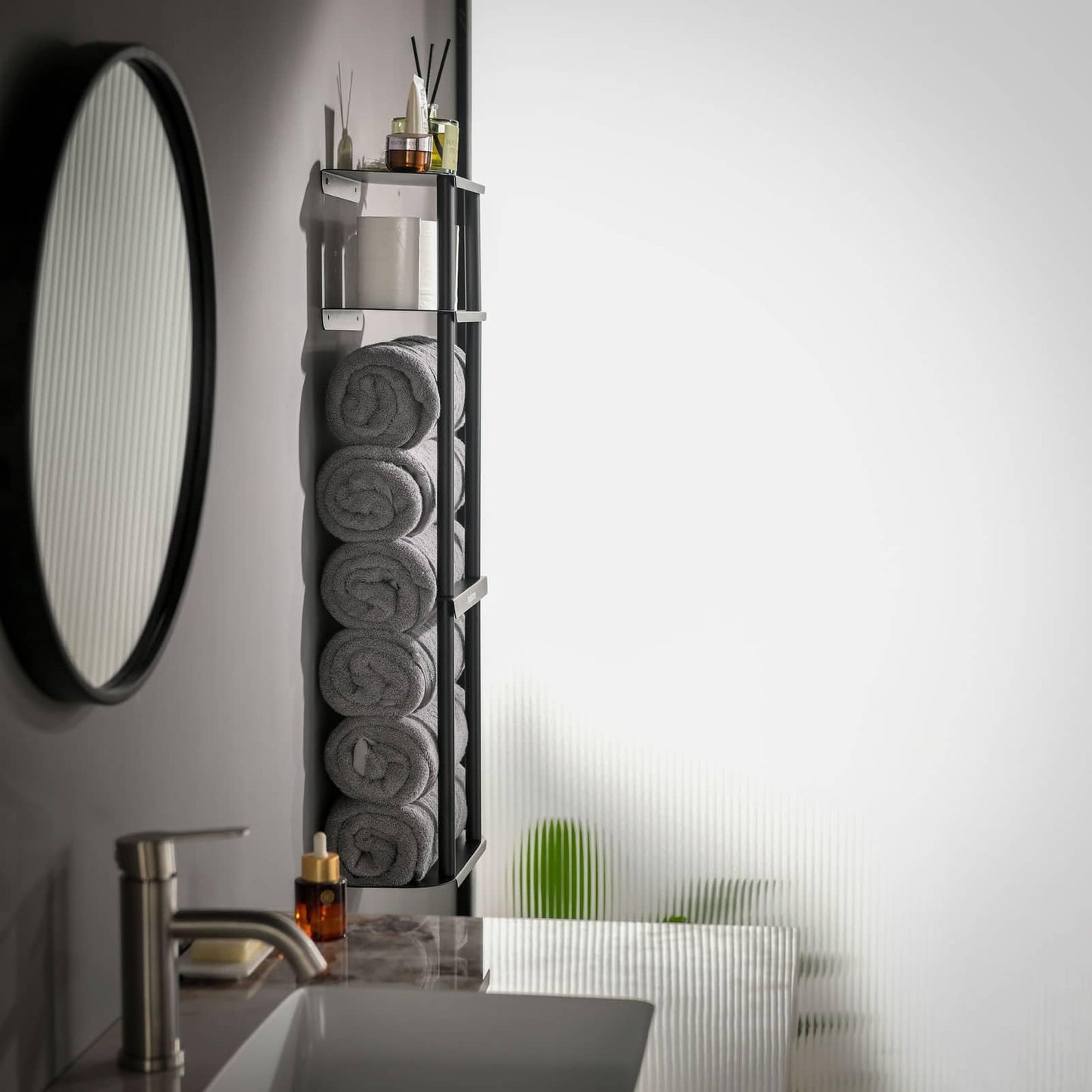 Towel Storage Rack Wall for Bathroom, Camping Chair Holder with Shelves