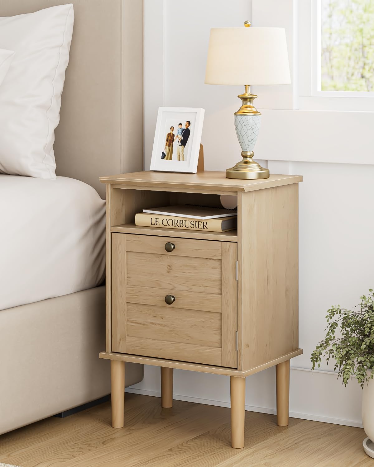 HEYZOEY Wooden Bedside Cabinet with Door & Open Top Shelf ? Side Table for Bedroom & Living Room,Fits Small Space(Natural Wood,15.35?x 11.42?x23.5?)