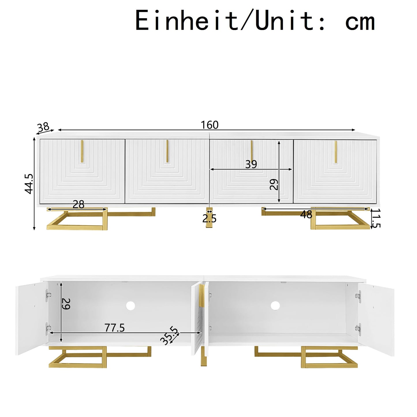 Ball & Cast TV Cabinet with Storage, White TV Stand with 4 Textured Doors, Golden Handles and Golden Legs, 160x38x44.5cm