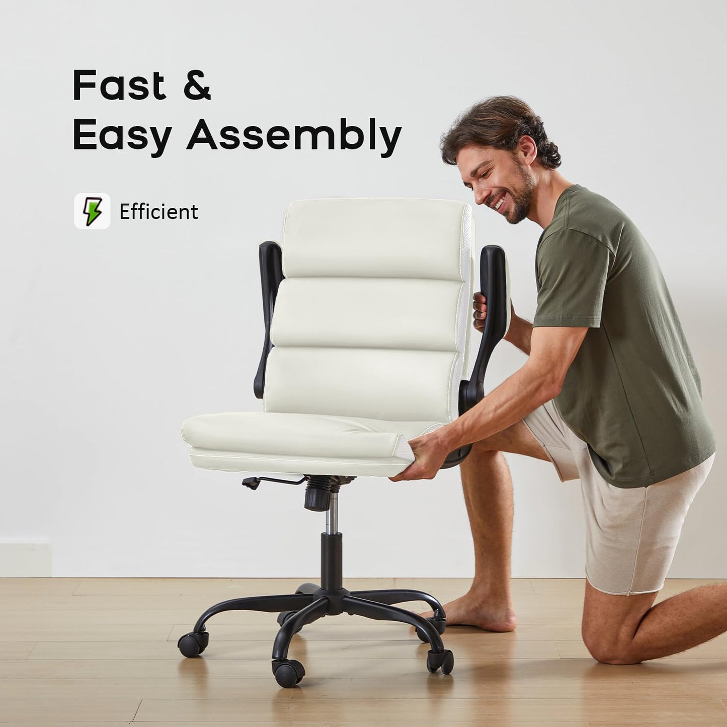 LukkDys Executive Office Chair with Flip-Up Armrests, 3-Stage Lumbar Support, Ergonomic Mid Back PU Leather Swivel Chair