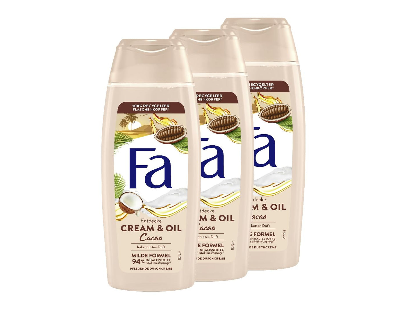 FA Shower Gel Cream & Oil Cacao (3 x 250 ml), Nourishing Shower Cream, Enjoy the Mild & Vegan Formula with the Pampering Fragrance of Cocoa Butter,