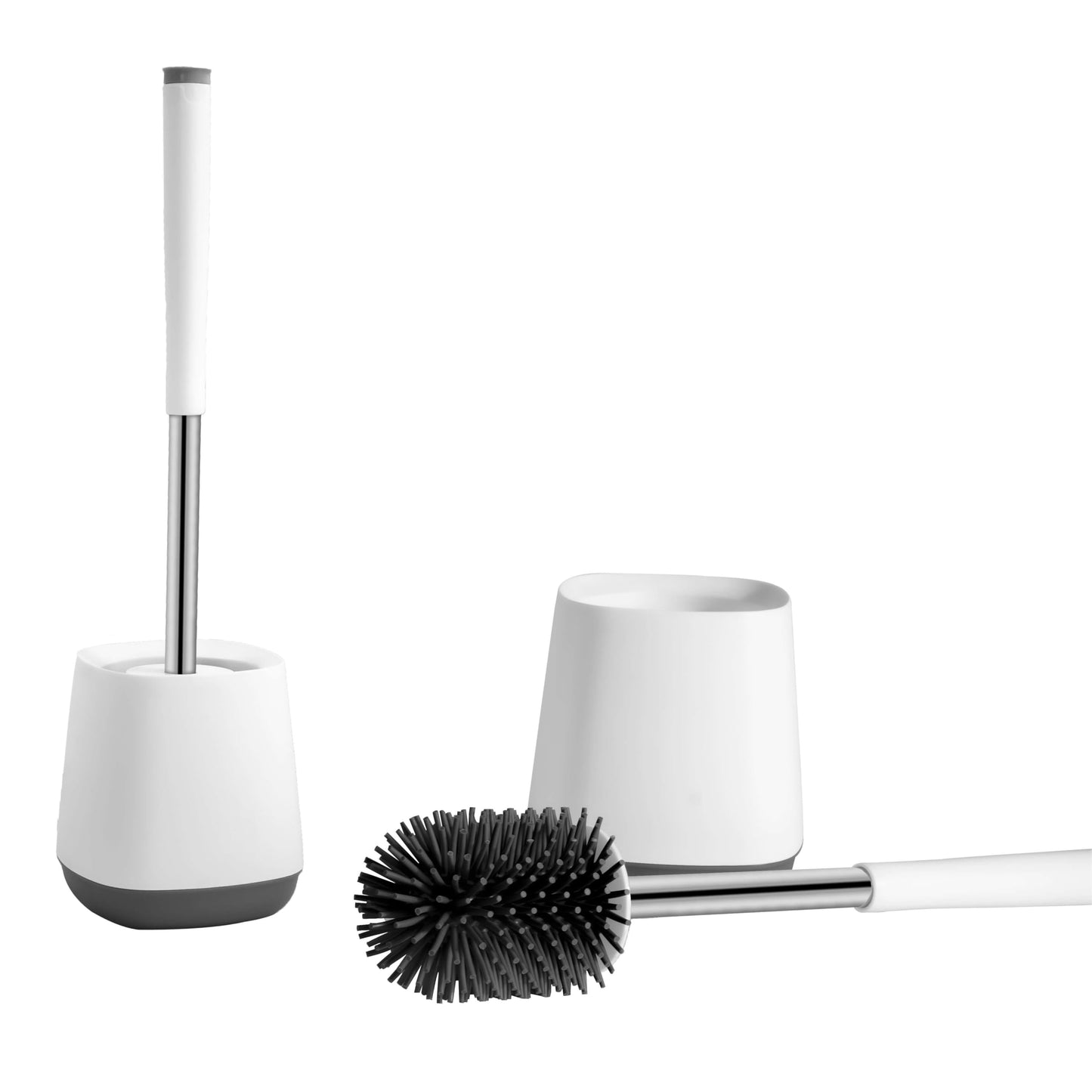 Toilet Brush with Drainage Holder Set,Flex Silicone Anti-Clog Anti-Drip Brush Head, White/Grey Colour with Stainless Steel Handle, 2-Pack