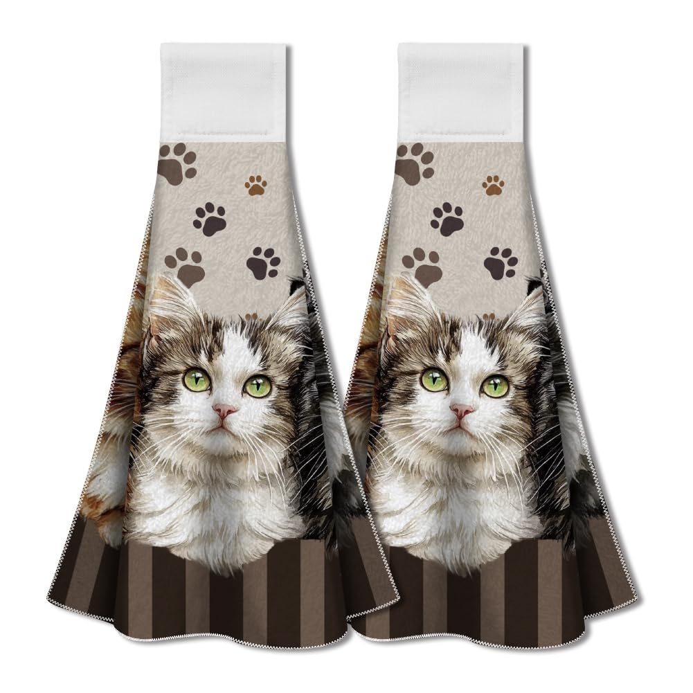 WADORN 2Pcs Cats Kitchen Towels with Hanging Loop, Funny Cats Kitchen Hand Towel Dishcloth Towels Cute Cat Soft Absorbent Hanging Tie Towel for