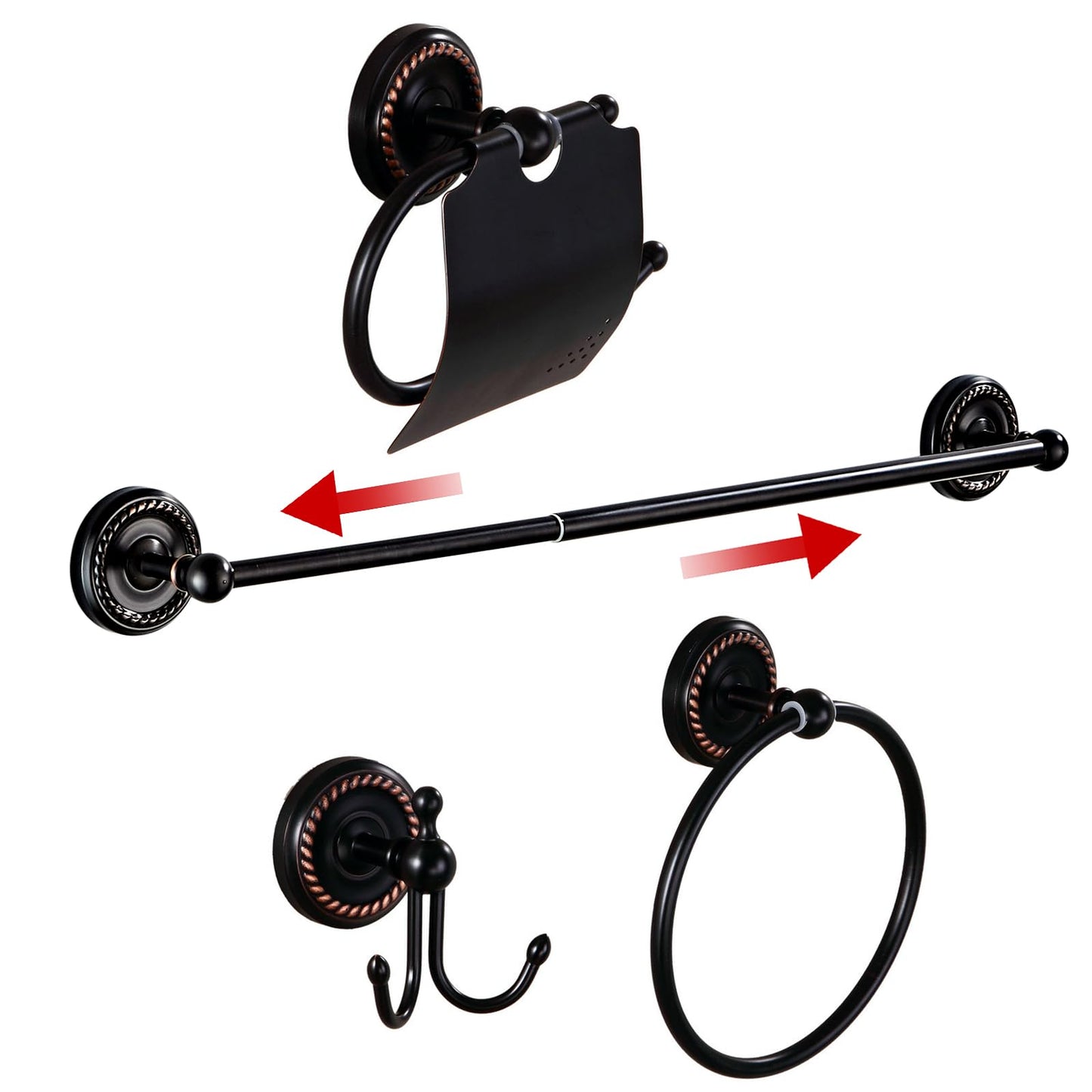 Black Brass 4-Piece Bathroom Hardware Set, Bath Accessory Kit Towel Hanger Toilet Paper Holder Robe Hooks Wall Mounted, Vintage Antique Bathroom