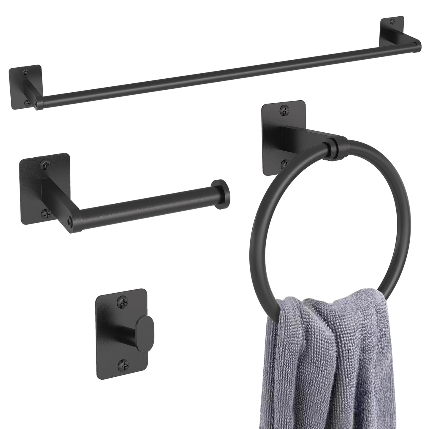 Toilet Roll Holder and Towel Rail Set, Gypie 4 Pieces Black Bathroom Accessories Set, Metal Bathroom Hardware Set Includes 24? Black Towel Rail,