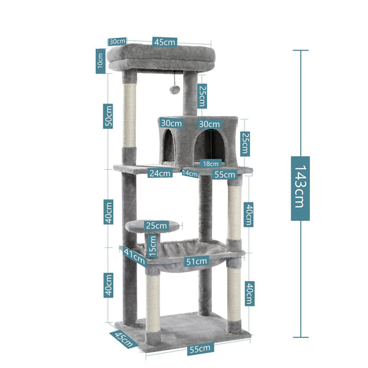 PAWZ Road Cat Tree, Big Cat Tower, Activity Center stable and sturdy, Cat Tree with hammock and lovely Cat House Grey 143cm/56.2"