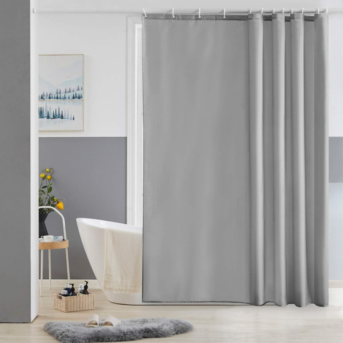 Furlinic Shower Curtains Extra Large Bathroom Waterproof Fabric Washable Liner Mould Proof Sets With 12 Plastic Rings 72" x 72" Grey.