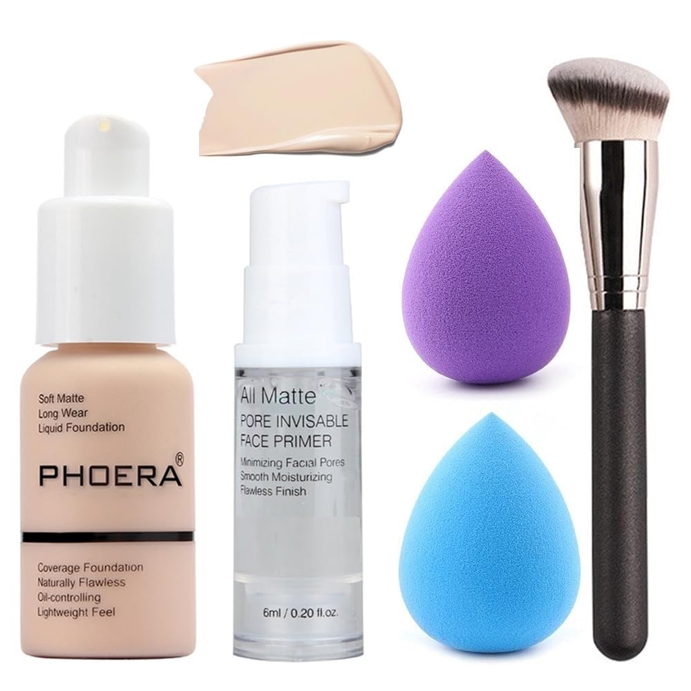 HQDA 5PCS Matte Liquid Full Coverage Foundation Set with Face Primer, Foundation Brush, Makeup Sponge #101