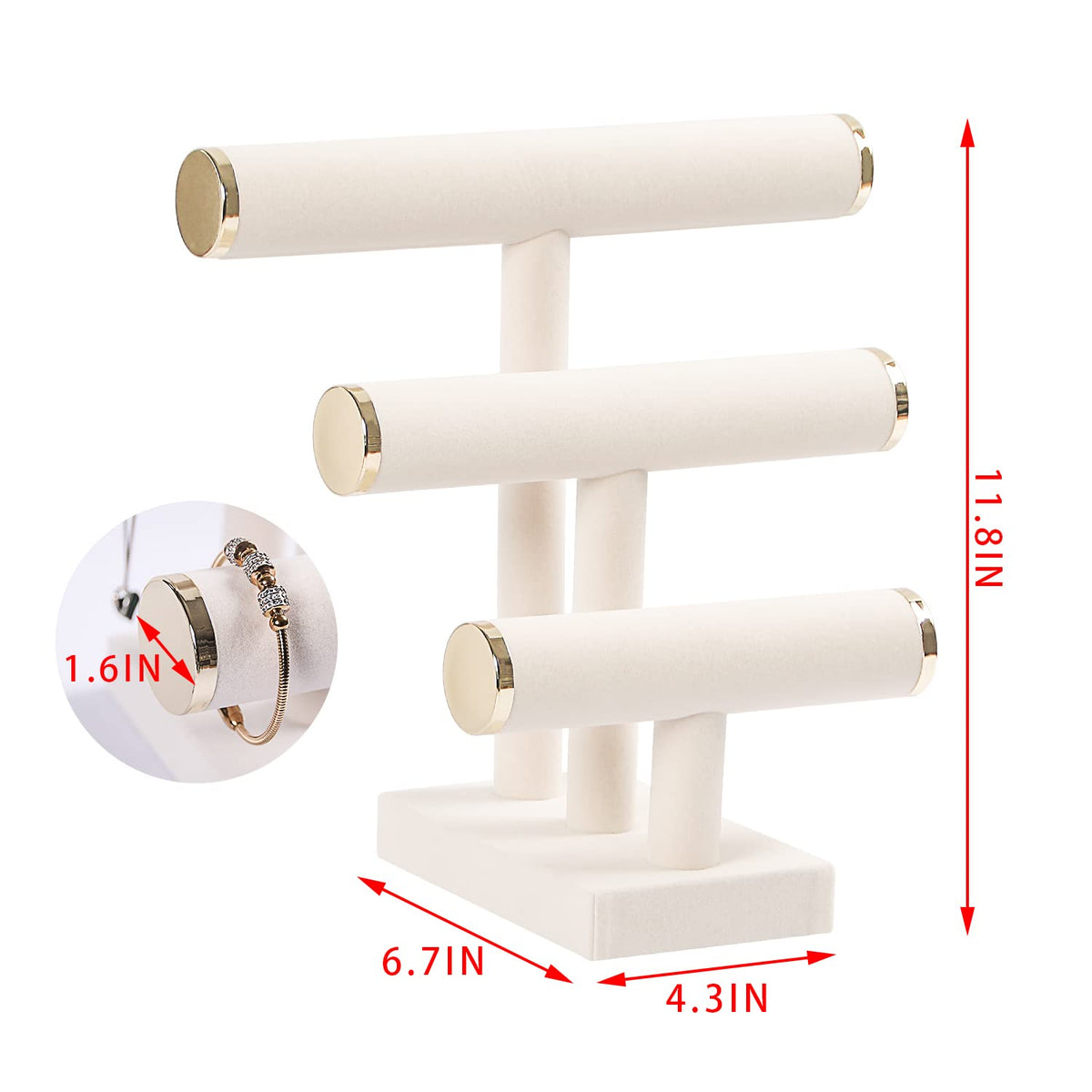 Pengup 3 Tier Bracelet Holder,Bracelet Display Stand with Metal Cap,Beige White Velvet Jewelry Organizer Displays for Necklace Scrunchies Watches