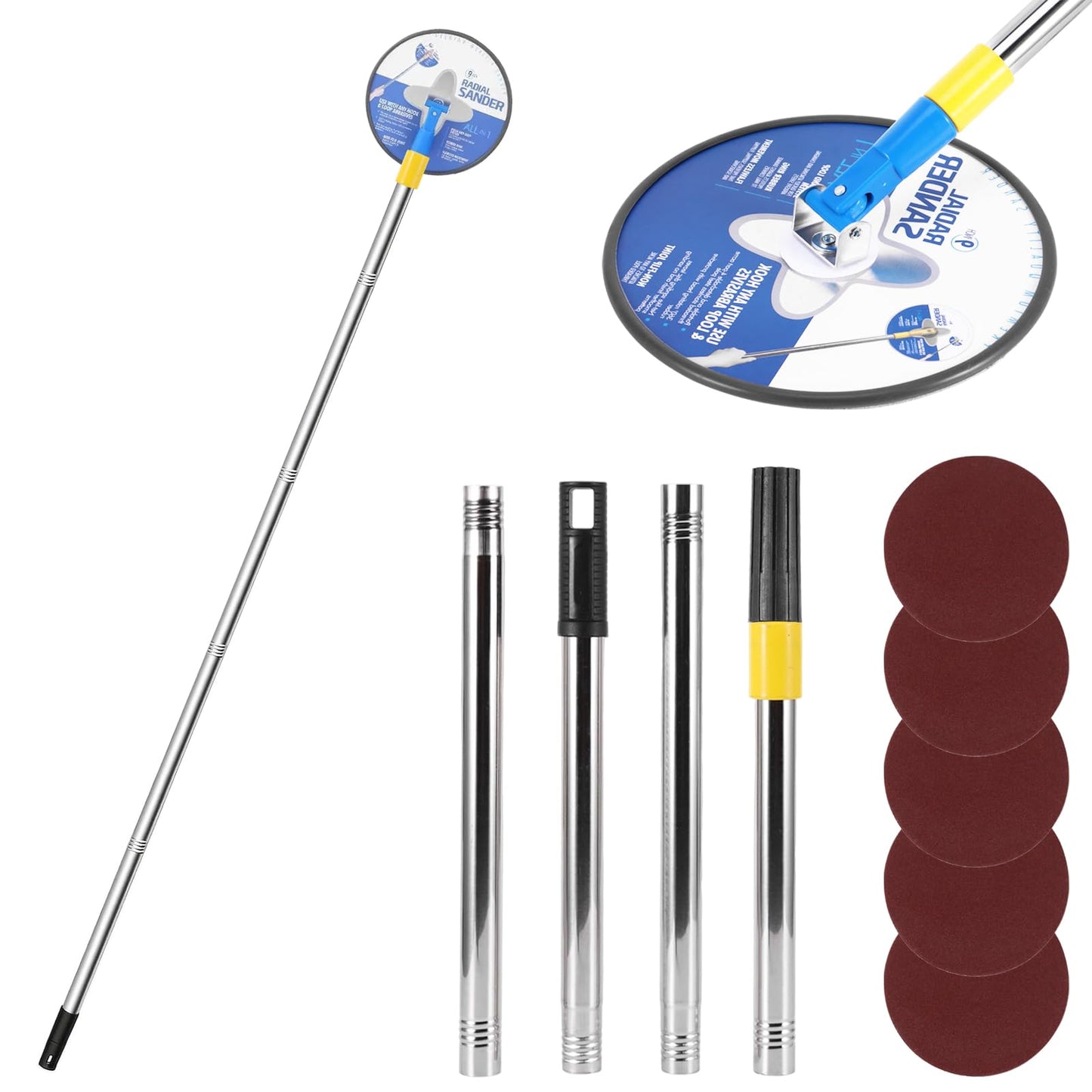 Pole Drywall Sander Radial Round Head Wall Sander 360 Degree Rotation Drywall Sanders with 10 Pcs Sanding Sheets 80,120,150,180,240 Grit, Polishing