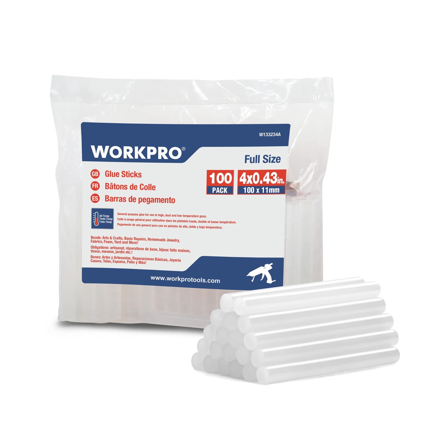 WORKPRO 100 x 100 x 11 mm Hot Glue Sticks, Universal Transparent Glue Sticks for Hot Glue Gun, Ideal for DIY, Crafts, Hobbies