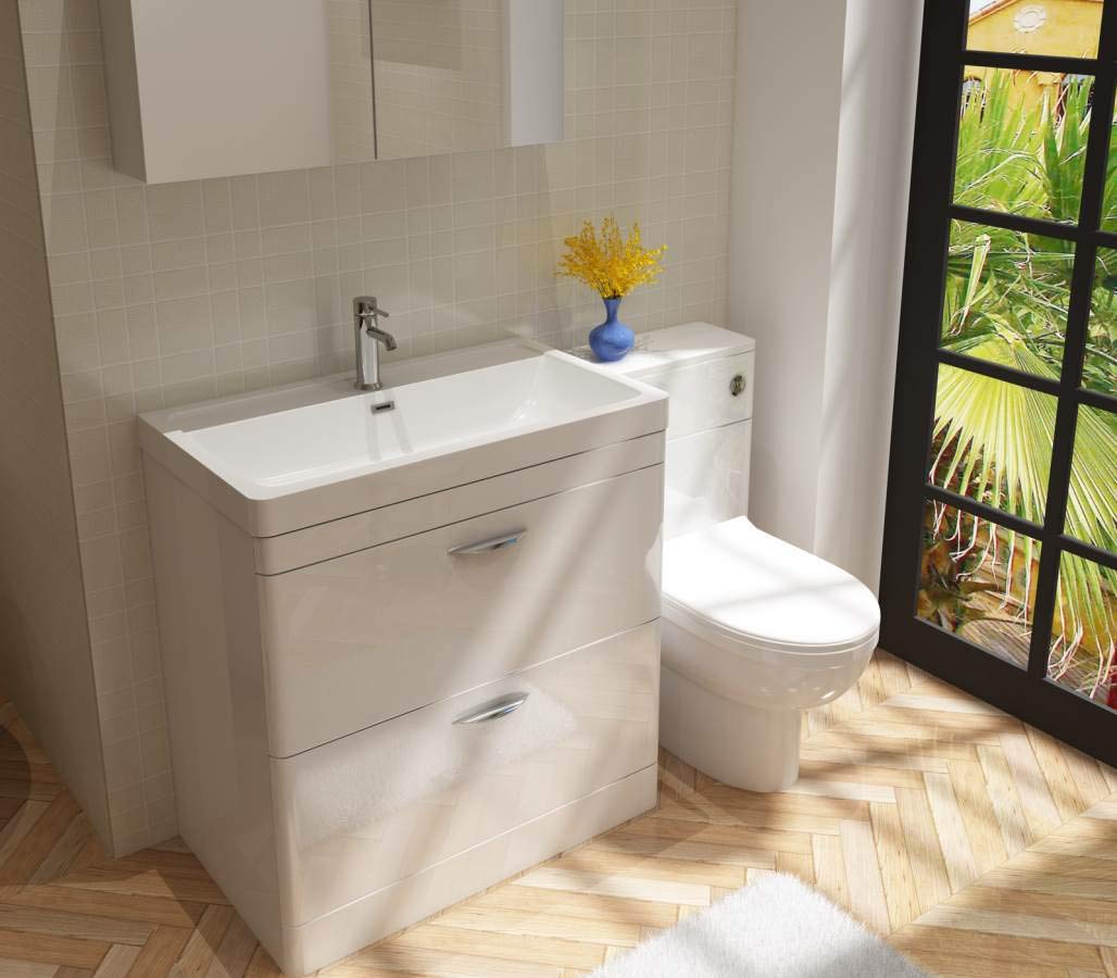 Cyrenne High Gloss White Floor Standing Vanity Basin Storage Unit Cabinet & Polymarble Soft Edges Sink - 800mm