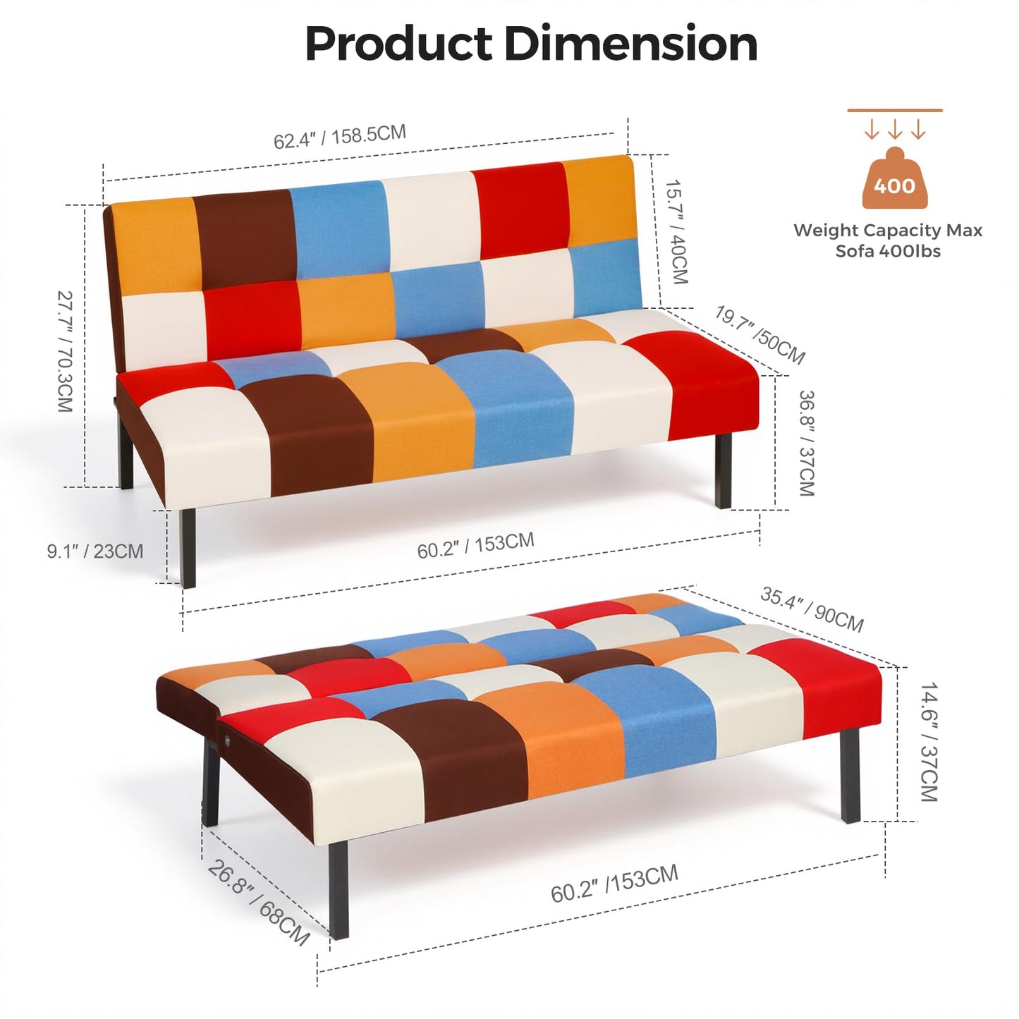 Panana Sofa Bed Click Clack Modern Sleeper Sofa Settee Rainbow Patchwork for Living Room/Guest Room