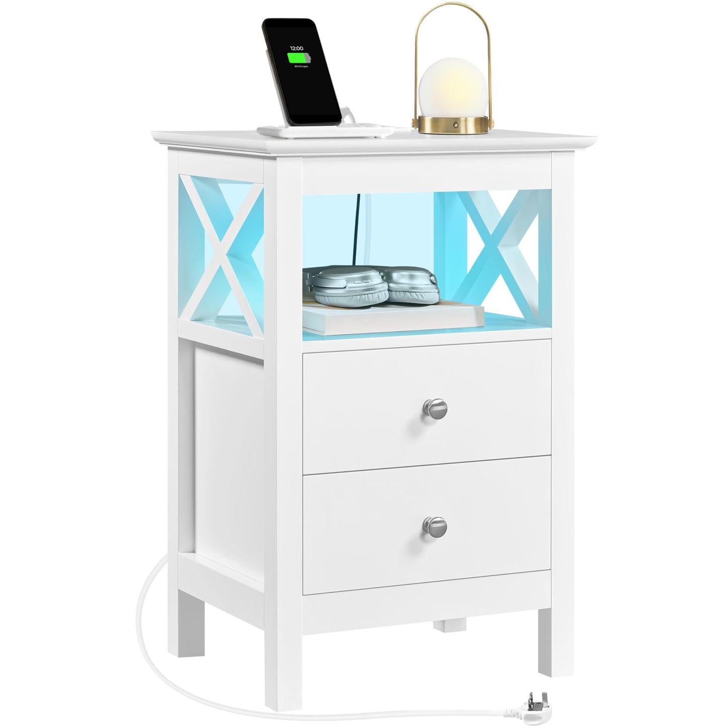 Yaheetech Bedside Table with Charging Station and LED Lights, Wood Nightstand with 2 Storage Drawers, Bedside Cabinet with USB Ports & AC Outlets, for