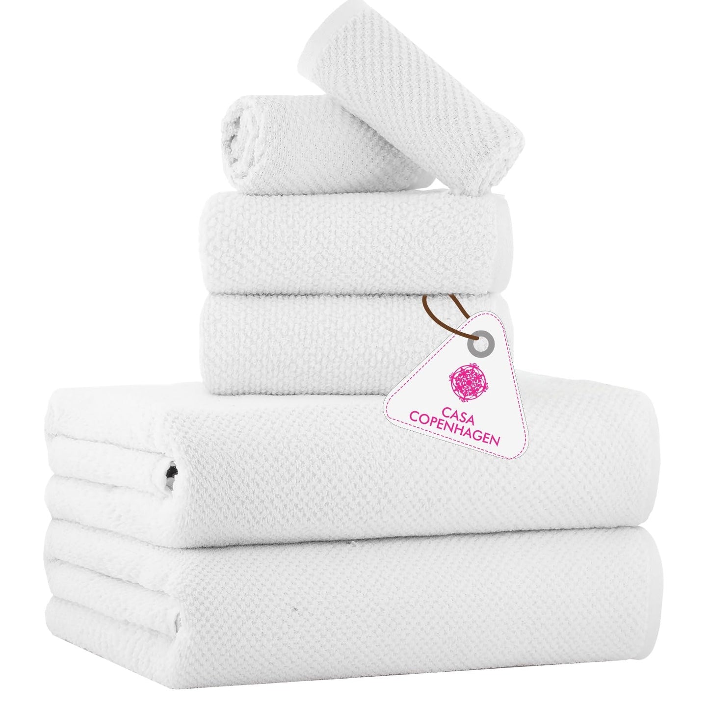 CASA COPENHAGEN Popcorn Textured 6 Piece Towel Set - White, 550 g/m?, 2 Bath Towel, 2 Hand Towel, 2 Washcloth Towels Cotton Rough and Tough Use Gift
