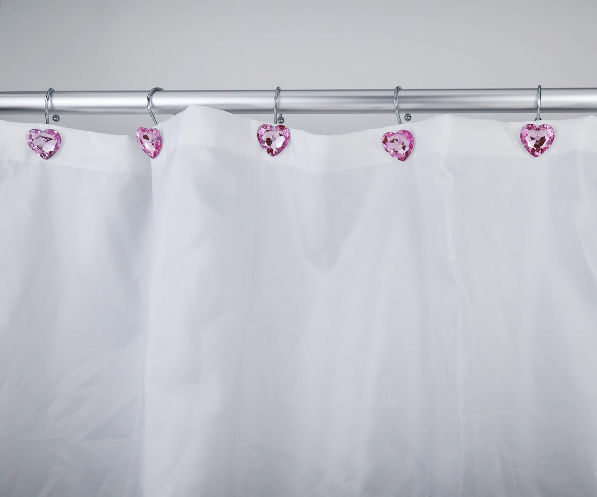 12PCS Shower Curtain Hooks, Heart Shaped Rhinestone Rings, Stainless Steel Rust Resistant Bathroom Decor Hangers for Curtains Bathroom Home Decor