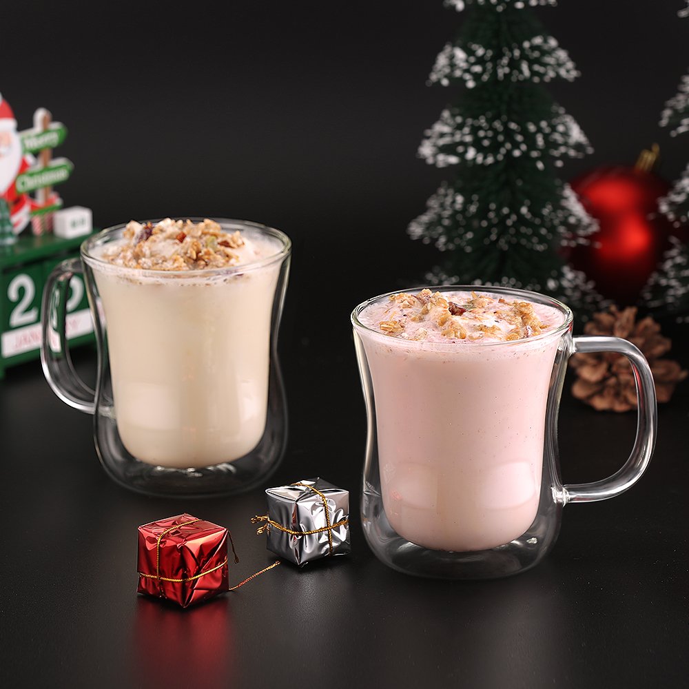 ecooe 6x350ml Double Walled Coffee Glasses Mugs Cappuccino Latte Macchiato Glasses Cups with Handle Borosilicate Heat Resistant Glass Cups for Coffee