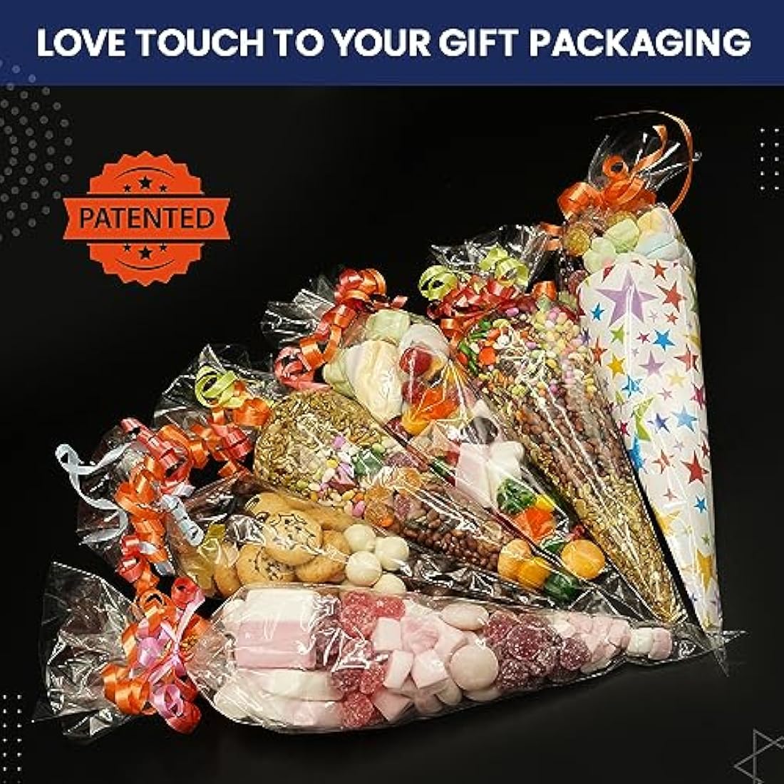 Sweet Cone Bags with Twist Ties and Ribbons, 100Pcs Cellophane Crystal Clear Sweet bags, Triangle Sweet Party Cones Bags Perfect for Halloween, Christmas and many more (16x30cm - Pack of 200)