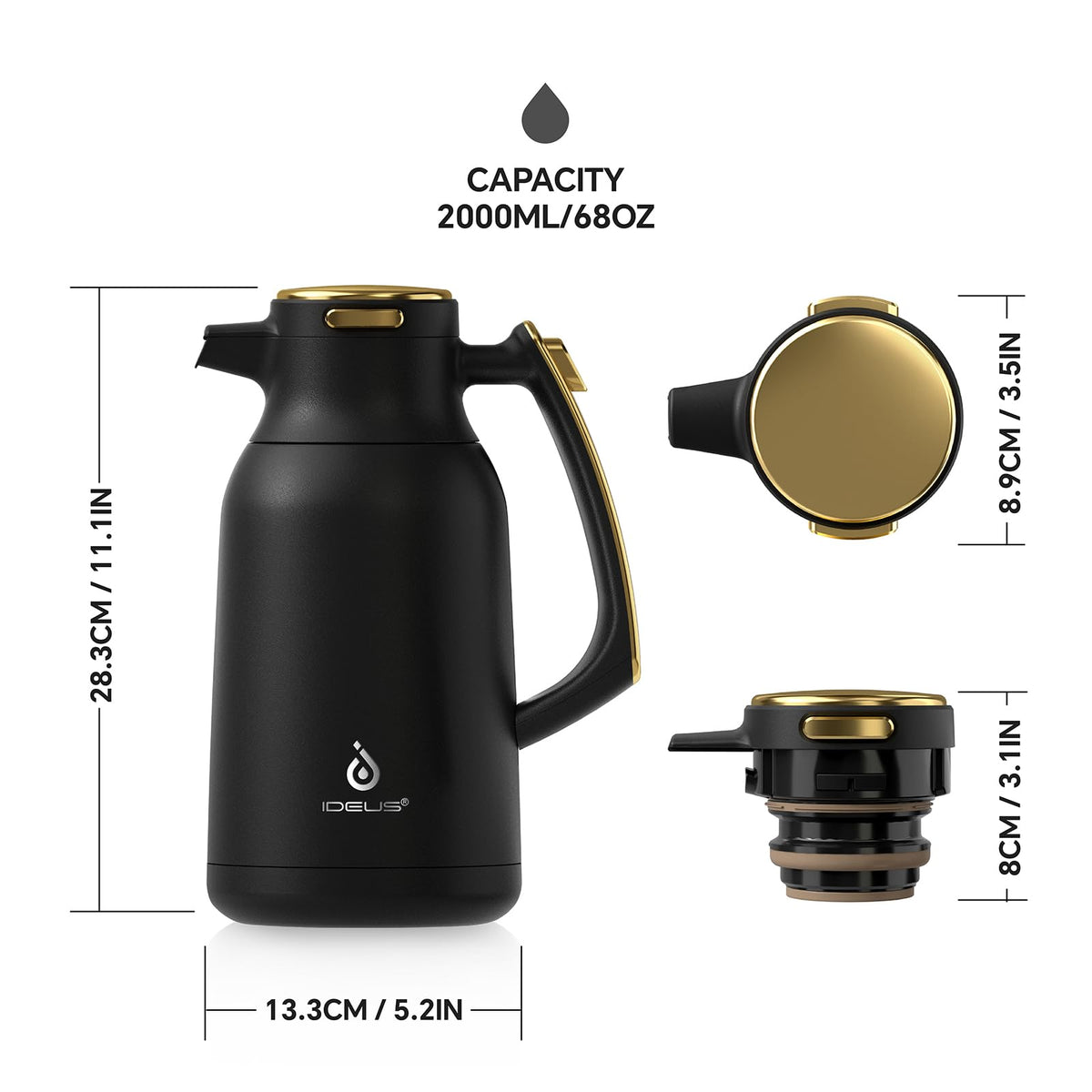 IDEUS Vacuum Insulated Coffee Carafe, 68 oz (2 Liters) Stainless Steel Milk Jug Thermal Tea Pot Hot & Cold Water Beverage Dispenser (Black)