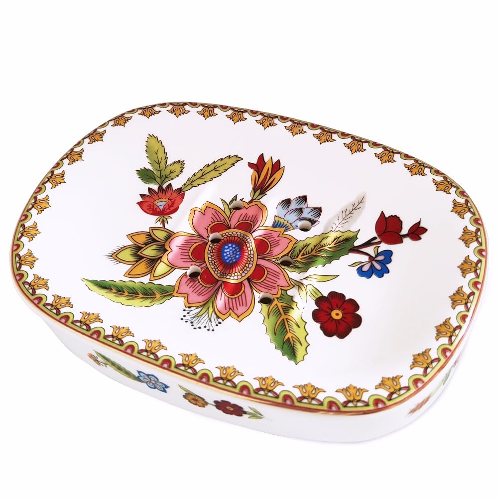 Self Draining Soap Dish, Double-layer Bar Soap Tray, White Ceramic Soap Dish with Elegant Patterns (Style E)