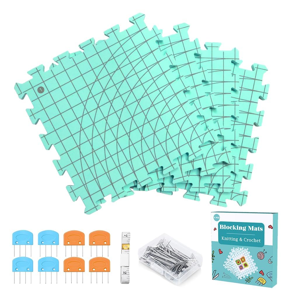 Knitiss 4 PCS Crochet Blocking Mats and Pins Set, 32x32cm Reusable Blocking Mats for Knitting & Crochet, 1.5cm Thick with T-Pins & 8 Blocking Pins
