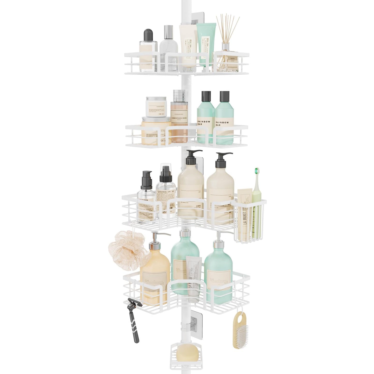 SWTYMIKI Shower Caddy Tension Pole - 4-Tier Corner Shower Organizer Tension Rod with Soap Holder, Toothbrush Holder & 4 Hooks, Adjustable Stainless