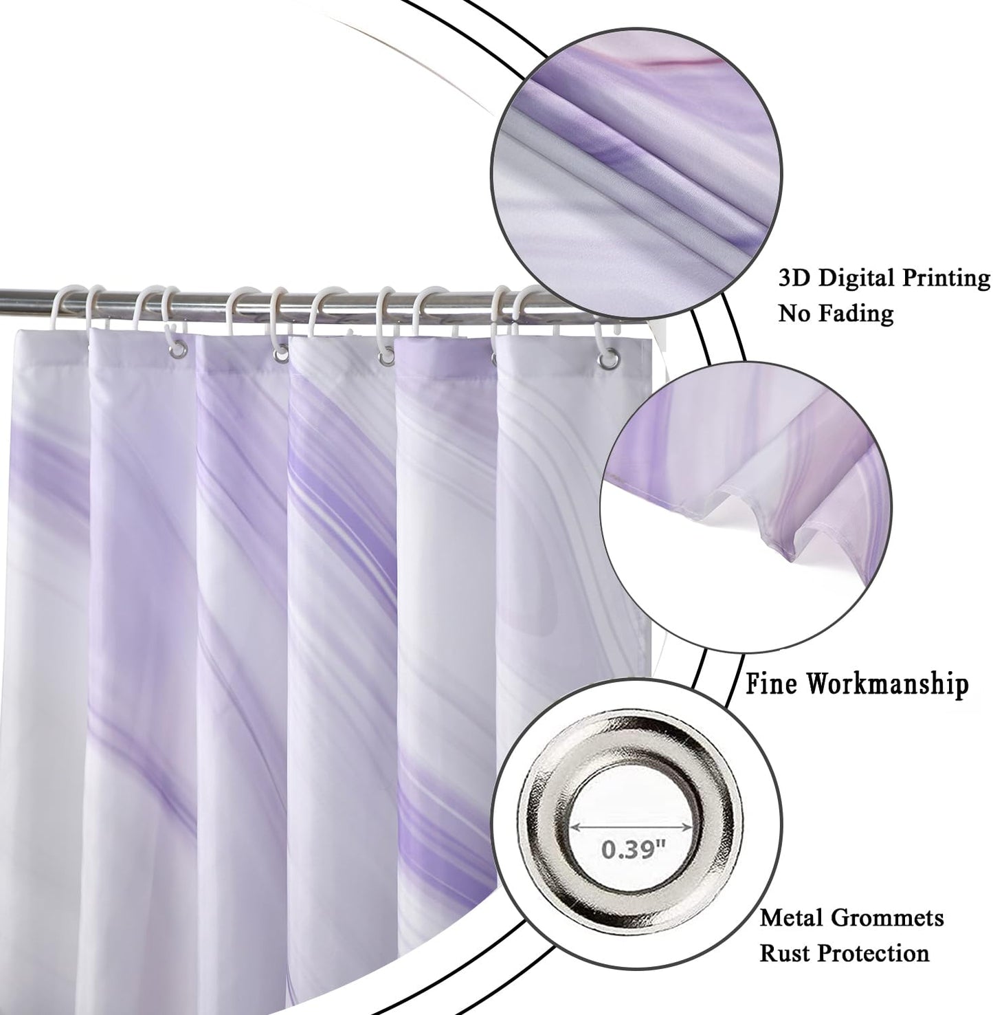 GCIREC Purple Marble Stall Shower Curtain, Purple Mix White Ombre Modern Abstract Wave Luxury Bathroom Curtain Bathtub Home Decor Waterproof Fabric