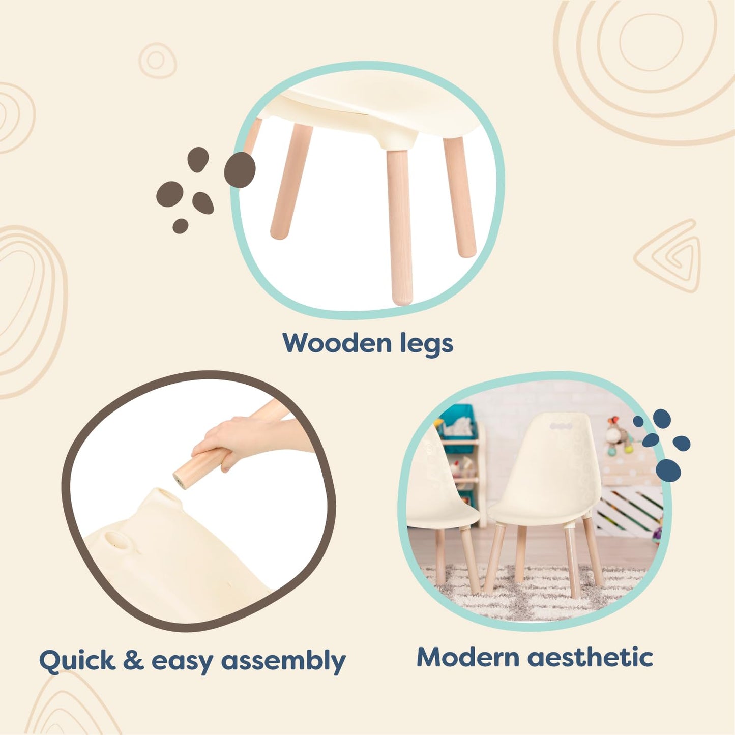 B. toys Kids Chair Set, Kid Century Modern, Wooden Legs, Ivory, Furniture