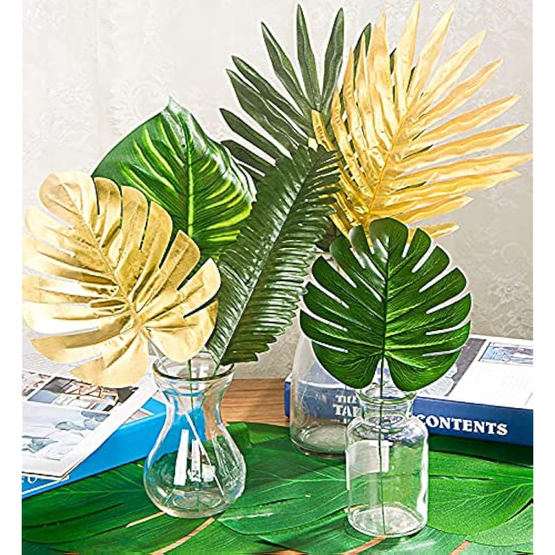 90 Pieces 11 Kinds Fake Leaves Monstera LeavesArtificial Palm Leaves Tropical Party Decorations Jungle Safari Leaves With Faux Stem For Hawaiian Luau Party Jungle Beach Table Leave Decorations