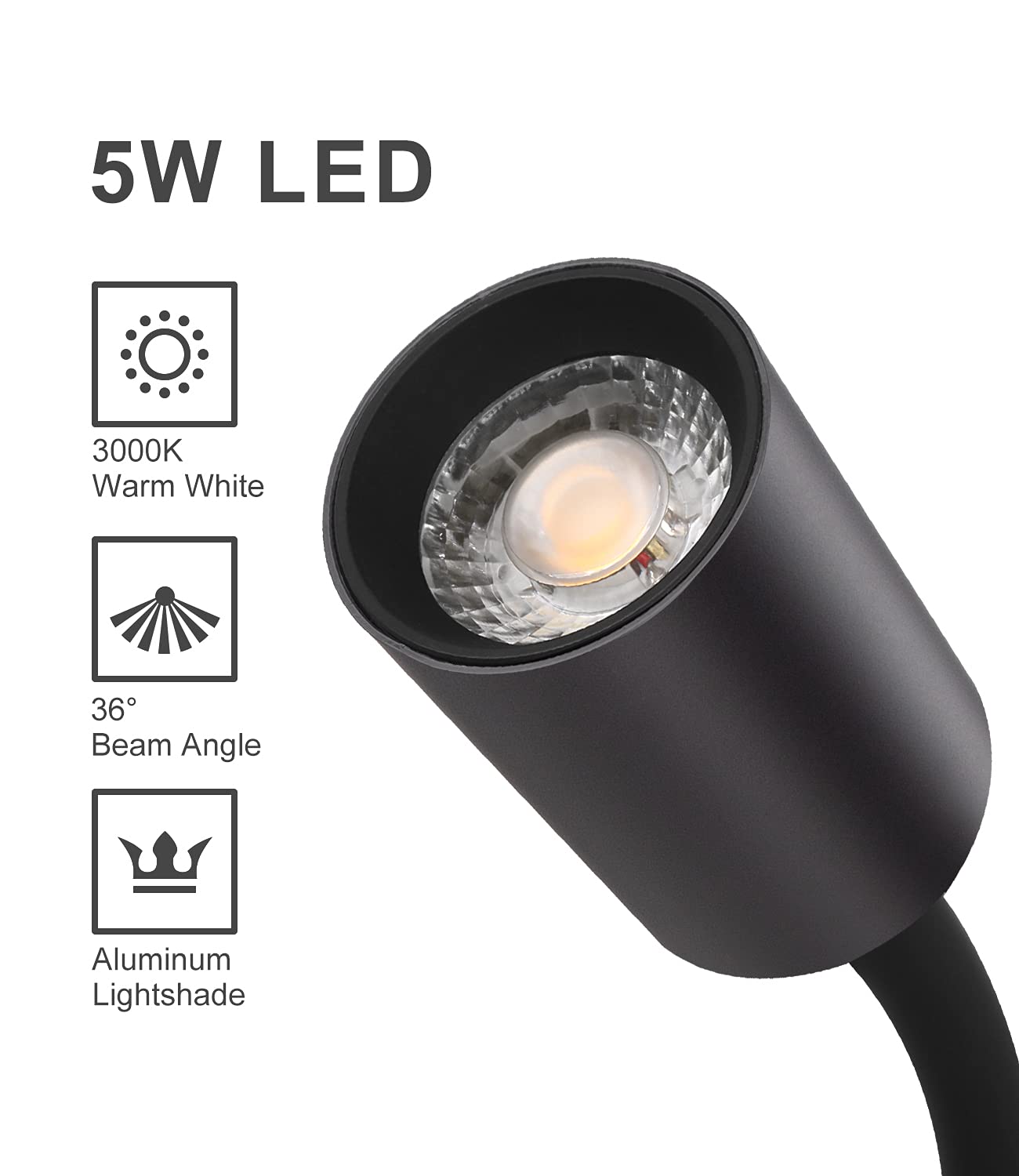 DAWALLIGHT Bedside Wall Lamp with Switch, 5W LED Gooseneck Reading Light Black Wall Mounted Reading Light for Bedroom Bed Hallway Corridor Office