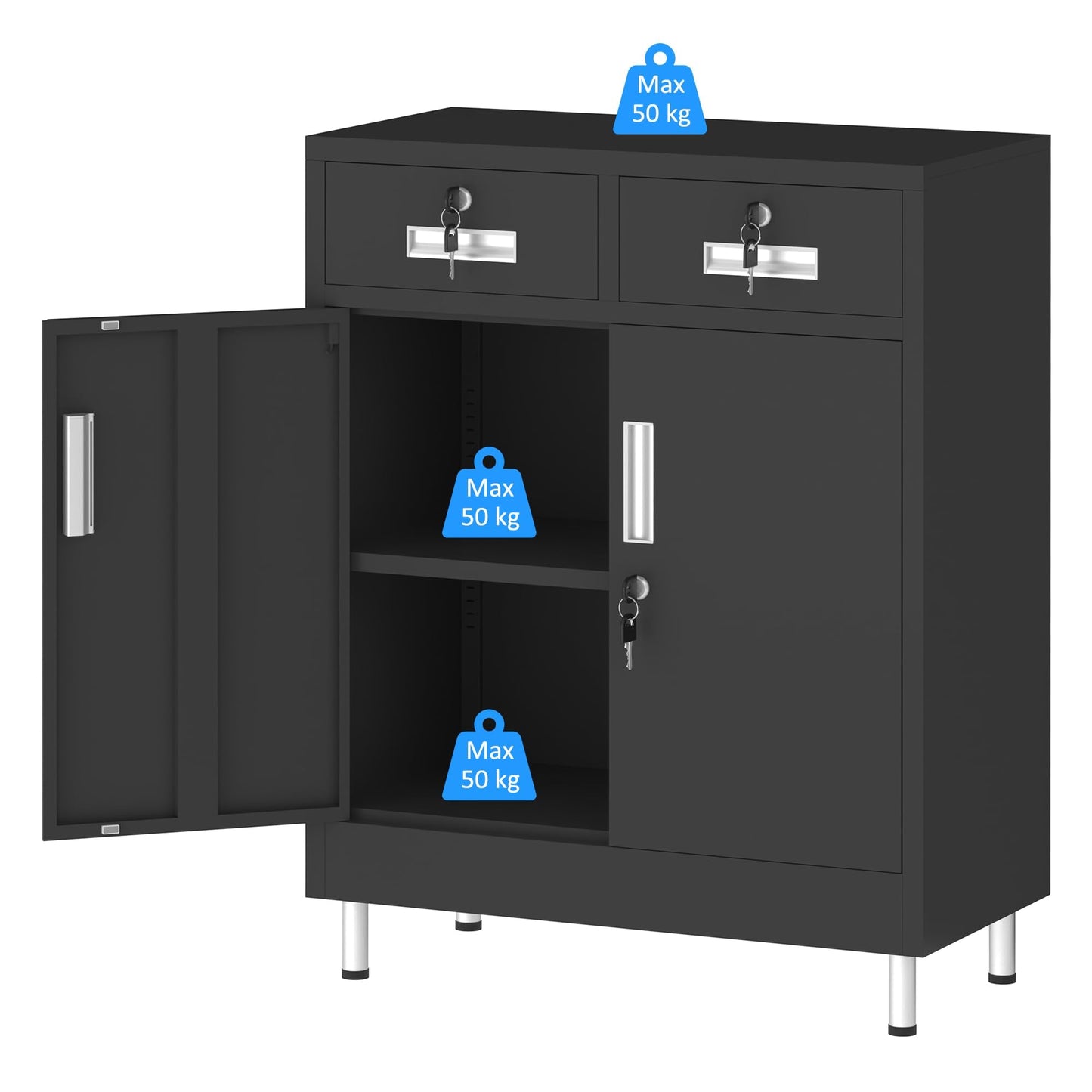 JINGUR Metal Storage Cabinet with Locking Doors and 2 Drawers (Black)