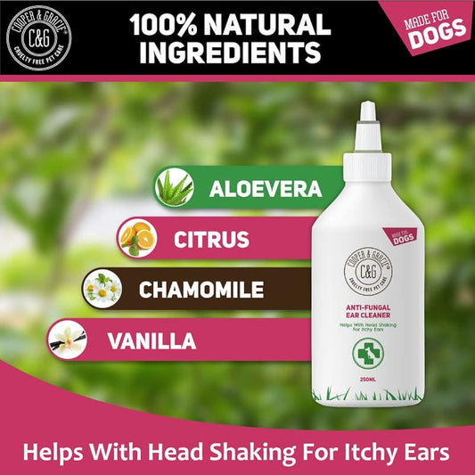 Dog Ear Cleaner Solution 250ML - Alternative to Dog Ear Drops for Infections, Itching & Odor by Cooper and Gracie | Relief from Yeast Infection, Mites, Anti-Viral Protection | Clean Healthy Ears