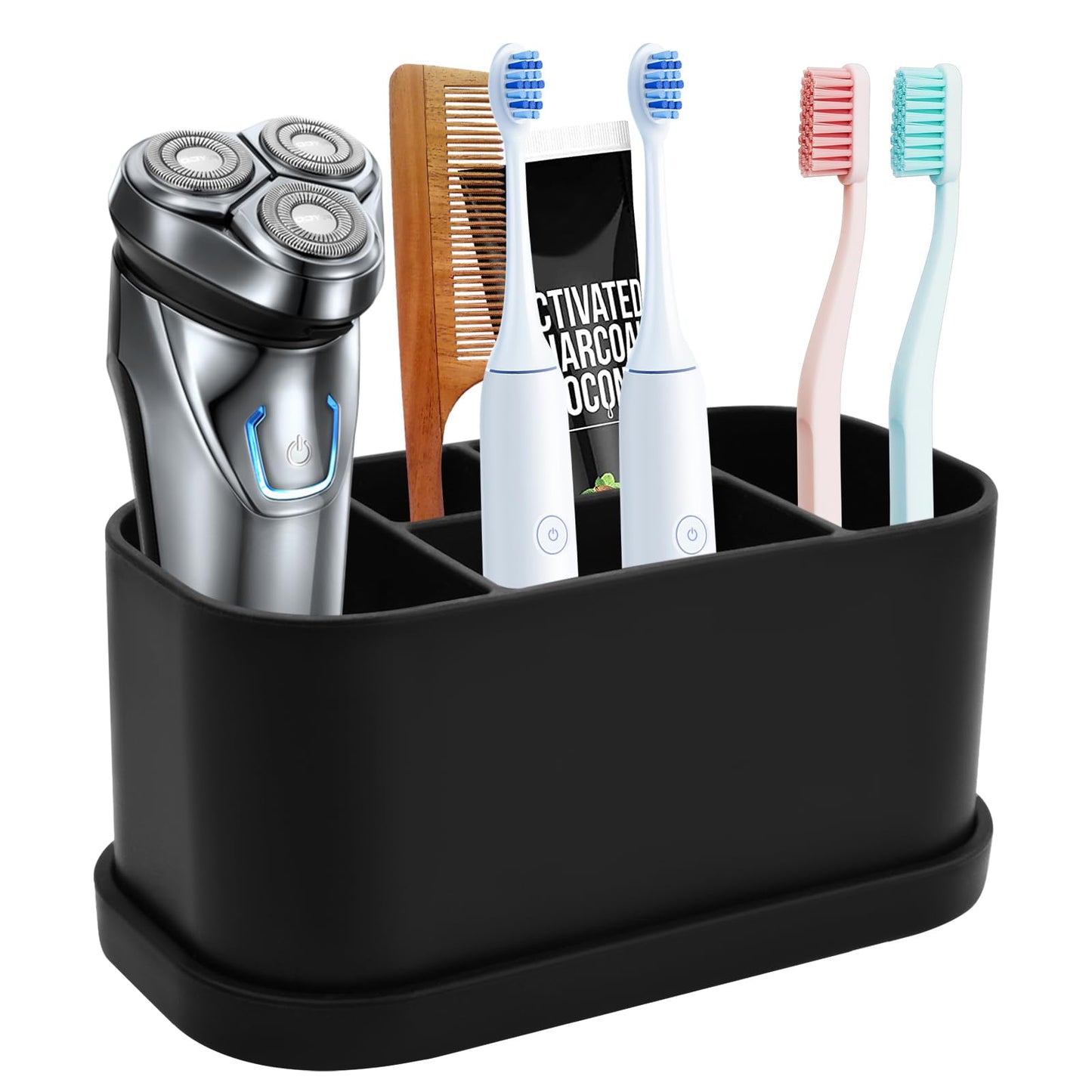 Wisebom Silicone Toothbrush Holder, Black, 5 Slots with Drainage Holes, Suction Mount Bathroom Organizer