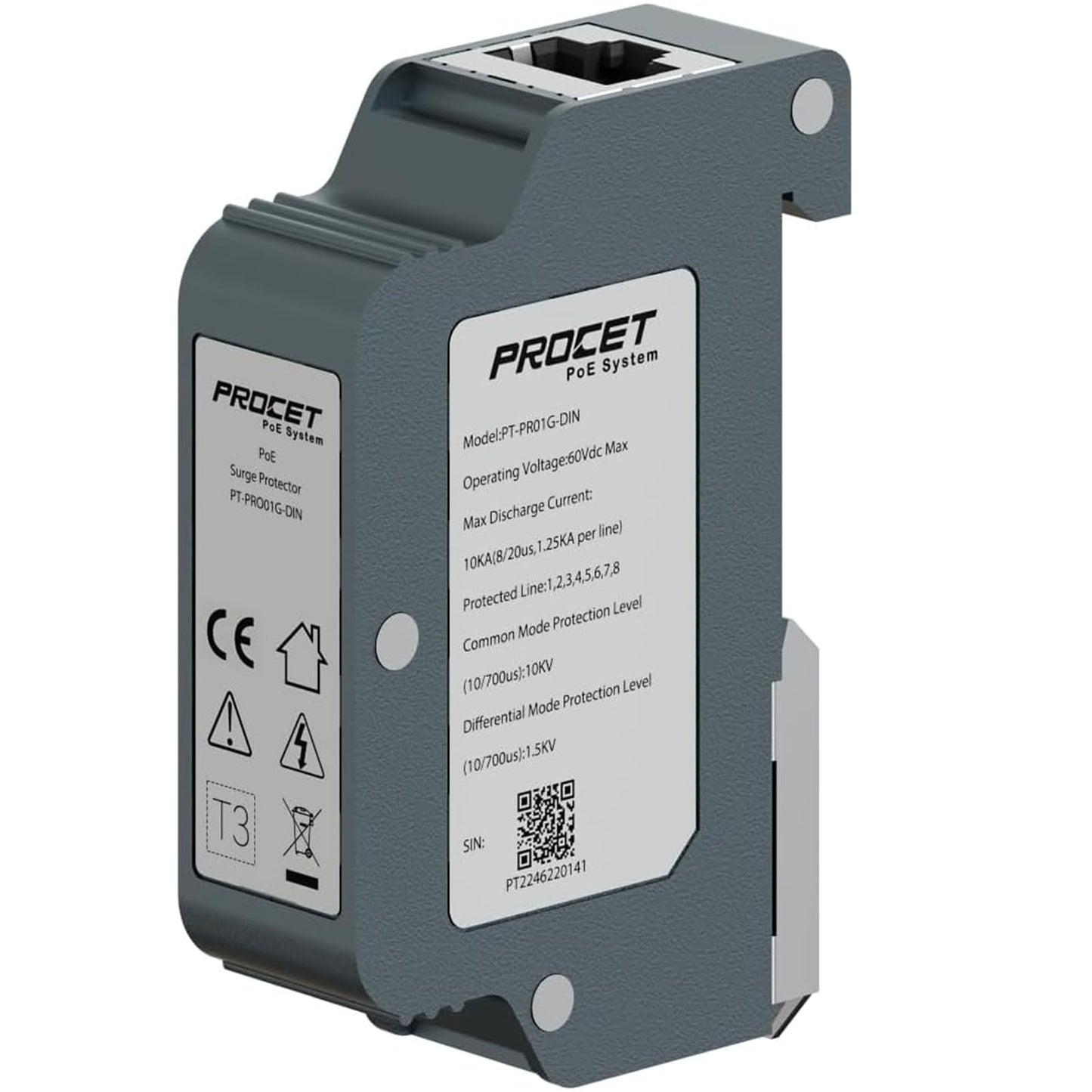 PROCET Industrial DIN Rail PoE Surge Protector IEEE802.3af/at/bt/PoE++ Gigabit PoE 10KV Ethernet Surge Arrester RJ45 Lightning Suppressor, -40? to