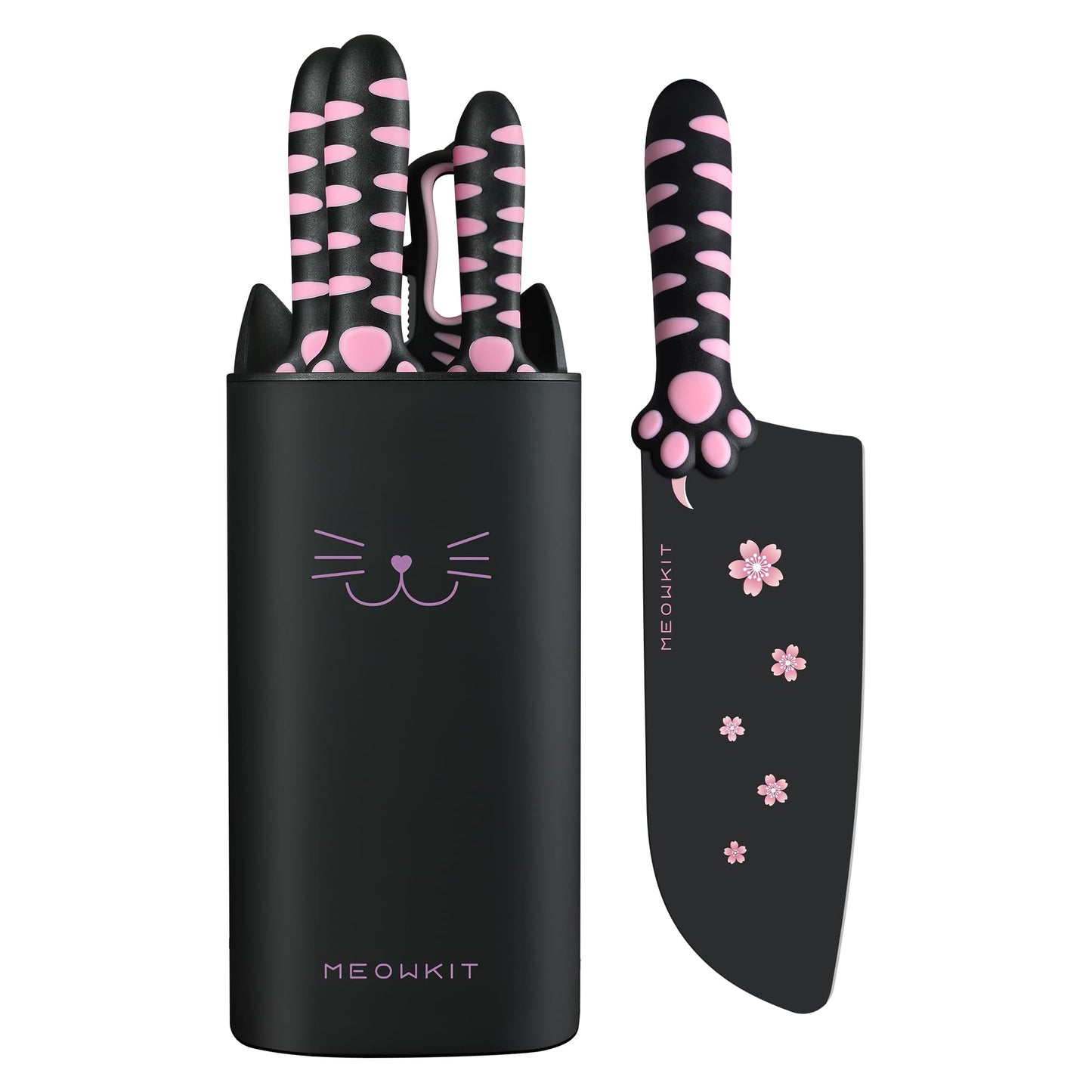 MEOWKIT Stylish Knife Block Set for Modern Kitchens, Ultra-Sharp Non-Stick Blades and Cat Paw Handles for Chopping Vegetables, Slicing Meat and Daily