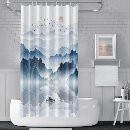 SDOTPMT 72x72 Inch Mountain Landscape Shower Curtain Lake Wooden Boat Red Sun Wild Goose Nature Scenery Foggy Modern Oil Painting Bath Curtain Fabric