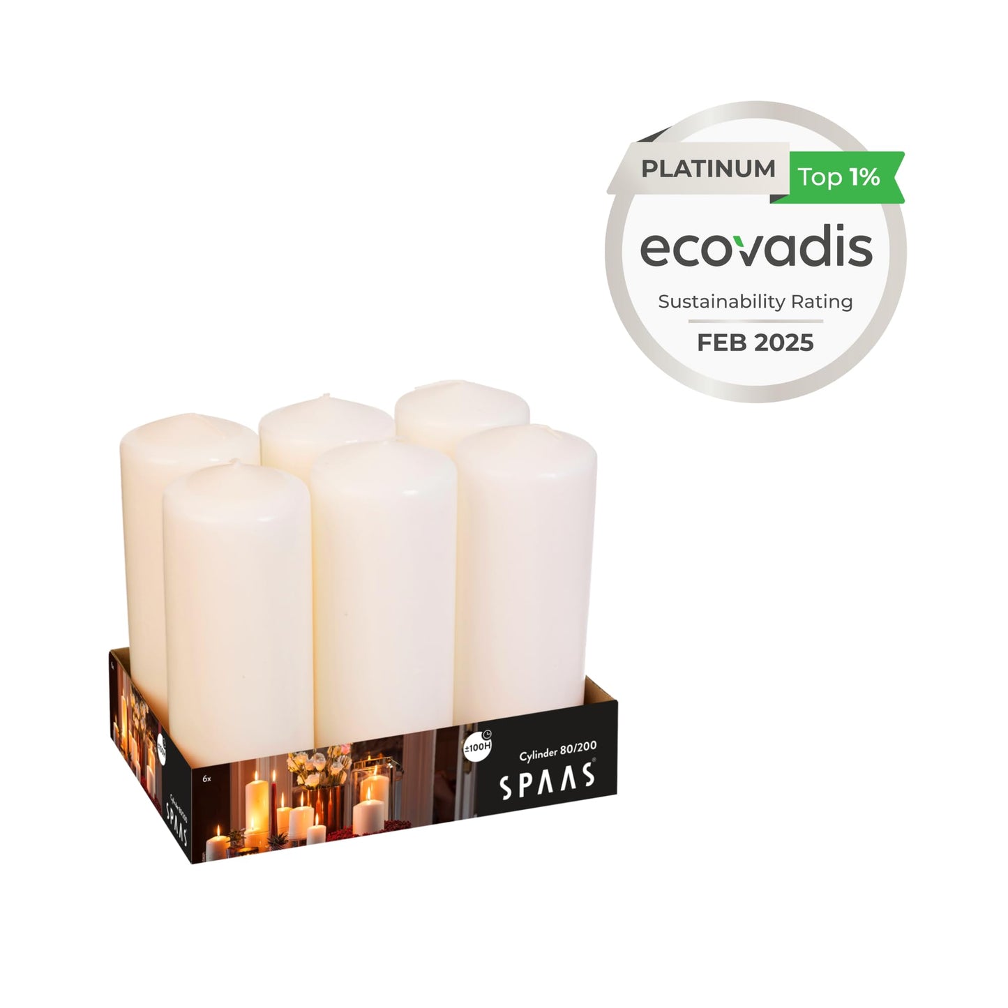 Spaas 6 Unscented Pillar Candle 80/200 mm, 100 Hours, Ivory