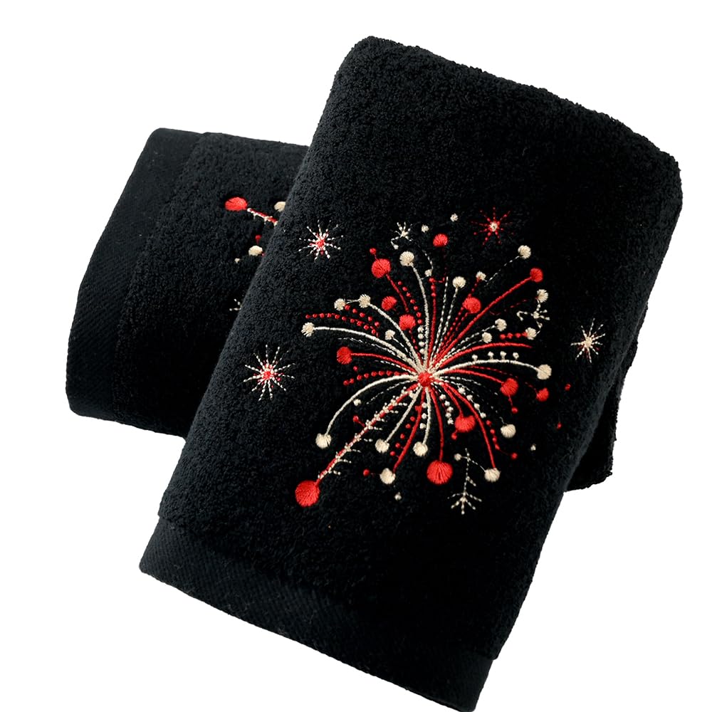 sense gnosis Black Hand Towel Set of 2 Fireworks Embroidered Decorative 100% Cotton Thick Highly Absorbent Luxury Hand Towels for Bathroom Home Spa