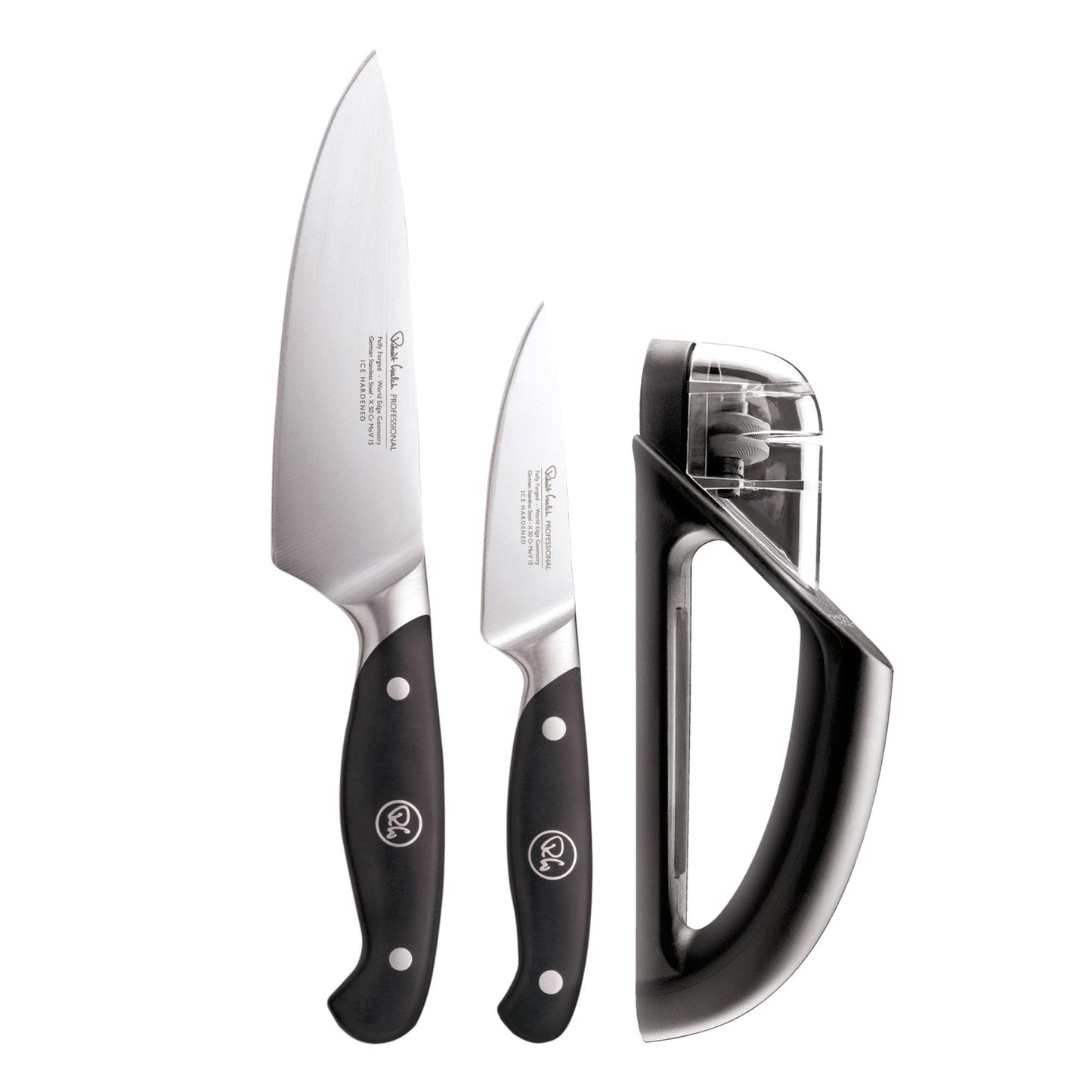 Robert Welch Professional Kitchen Knife Set with Knife Sharpener. Crafted from German 1.4116 Stainless Steel. Paring Knife 9cm/3.5", Chef's Knife