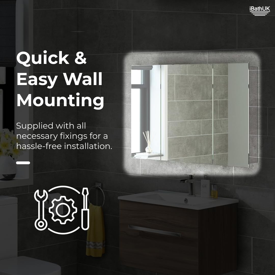 iBathUK Oslo Wall Mounted Triple Door Bathroom Mirror Cabinet, Frameless Rectangular Silver Mirror, Magnetic Catch, Modern Bathroom Storage