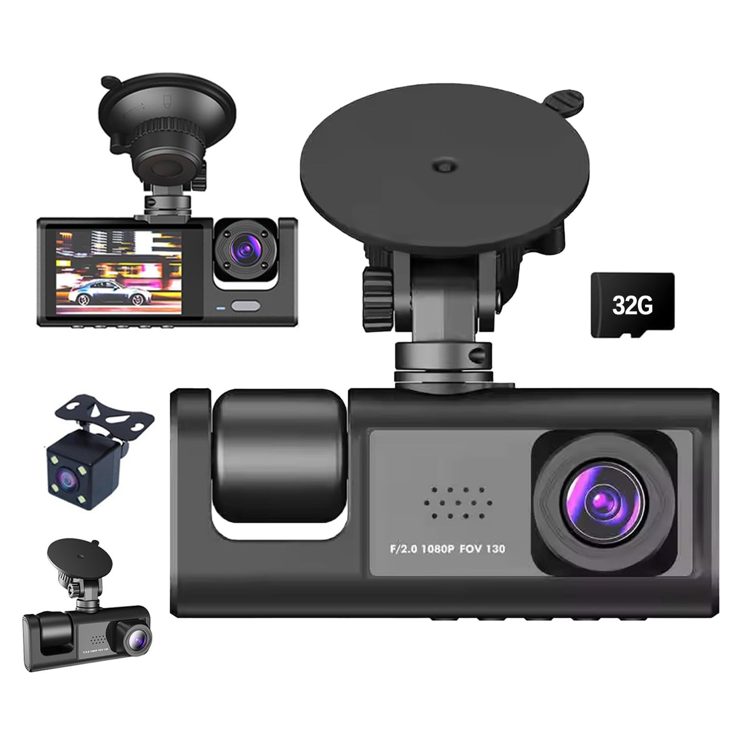 3 Channel 1080P Dash Cam with APP Control, 5GHz WiFi, Card Included 32GB SD, 170? Wide Angle, Loop Recording, G-Sensor, 24H Parking Mode