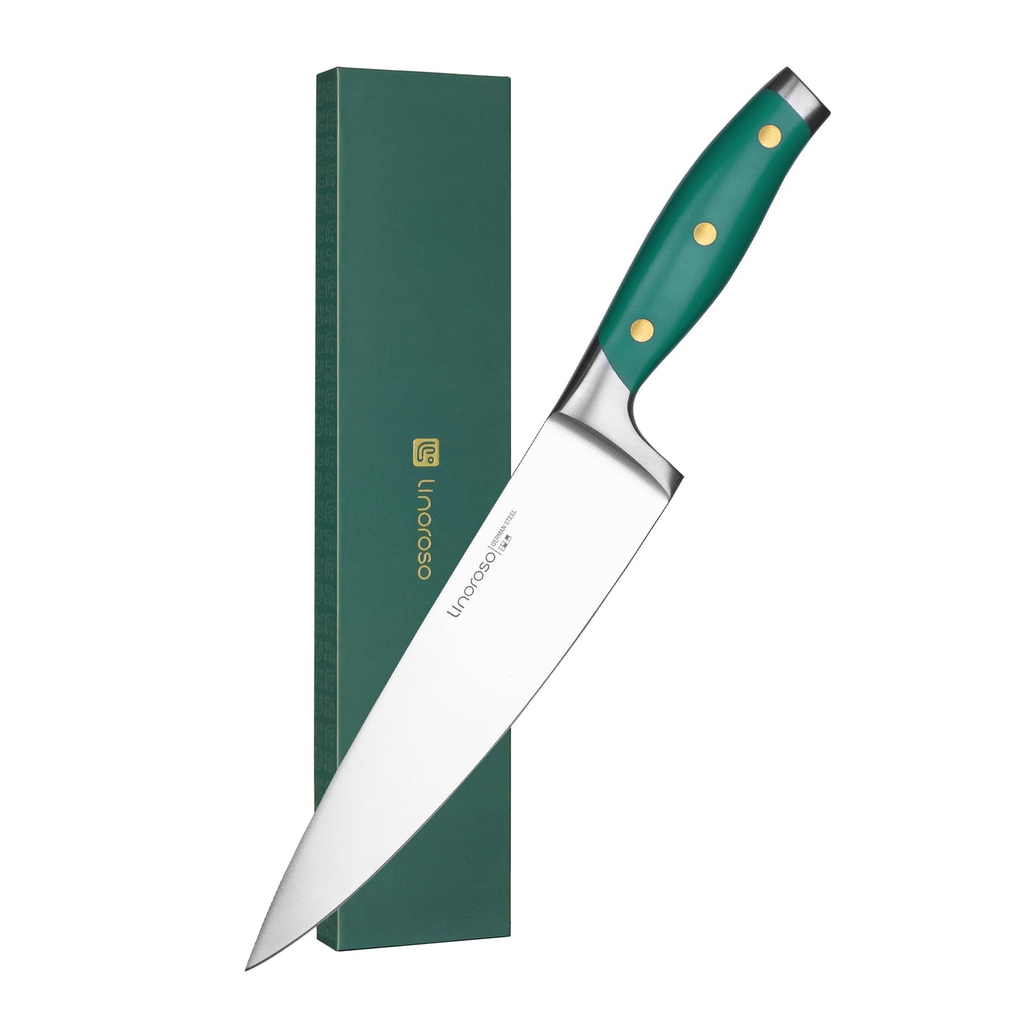 linoroso Chef Knife 8 Inch Pro Kitchen Knife with Premium Gift Box, Chef's Knives High Carbon Stainless Steel Sharp Knife with Ergonomic Green Handle,