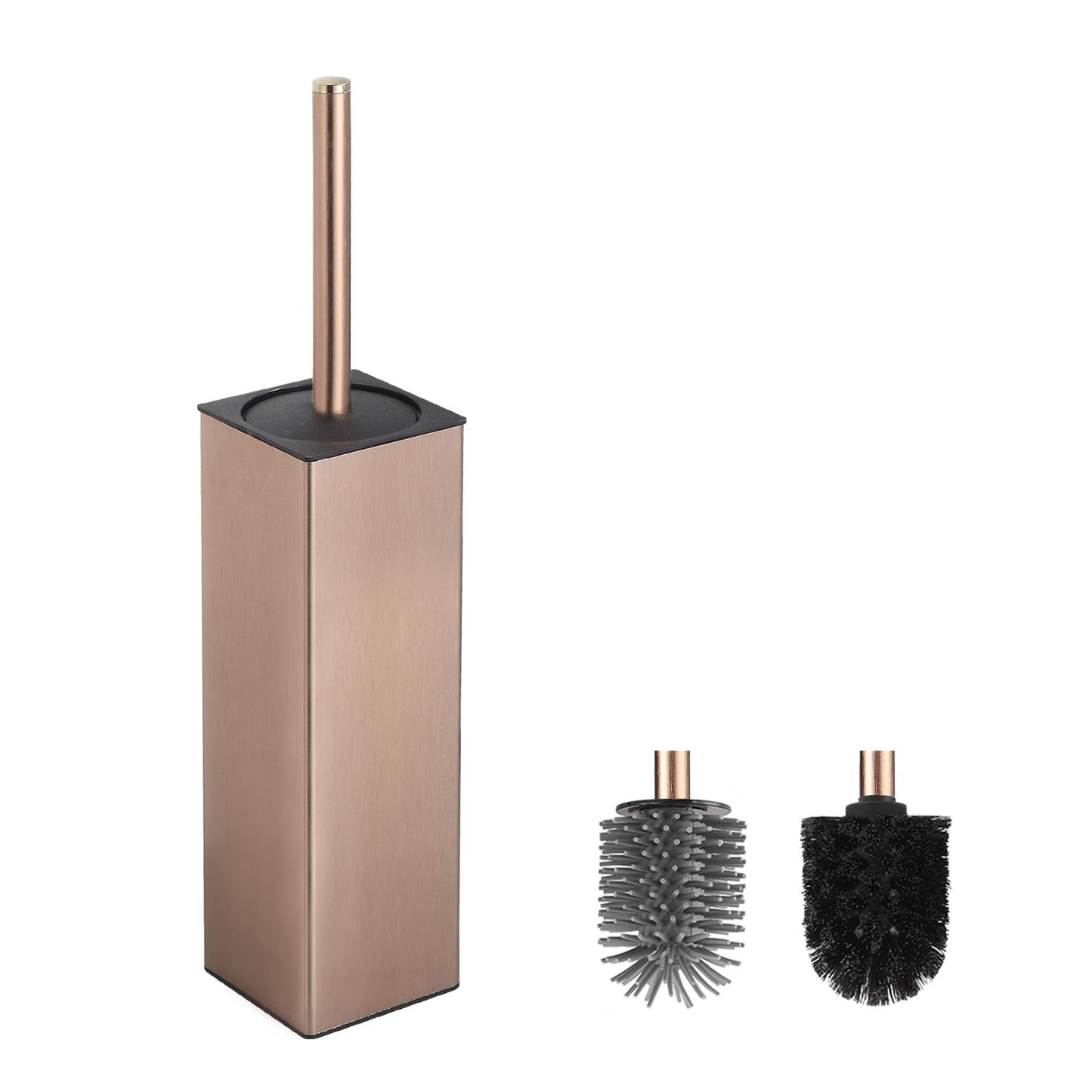 BVL Rose Gold Toilet Brush, Square Silicon Toilet Brush and Holder, Free Standing Toilet Brush Including 2 Quick Drying Brush Heads