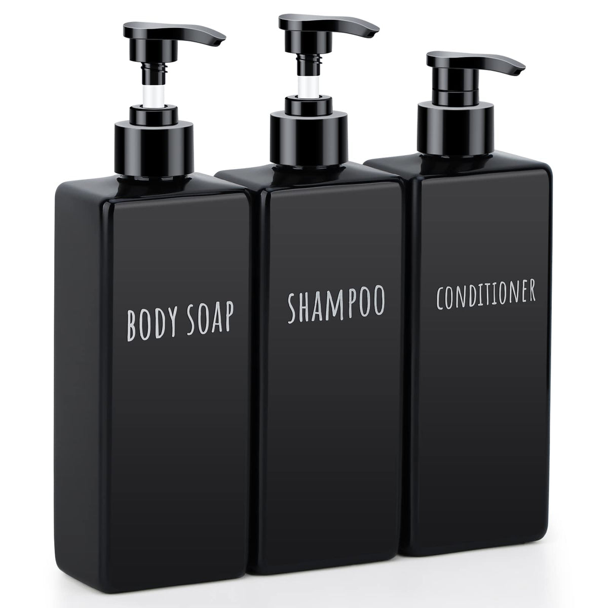 Segbeauty Square Soap Dispenser Black, 3pcs 16.9oz Refillable Shampoo and Conditioner Bottles, 500ml Empty Reusable Plastic Pump Bottle Bathroom