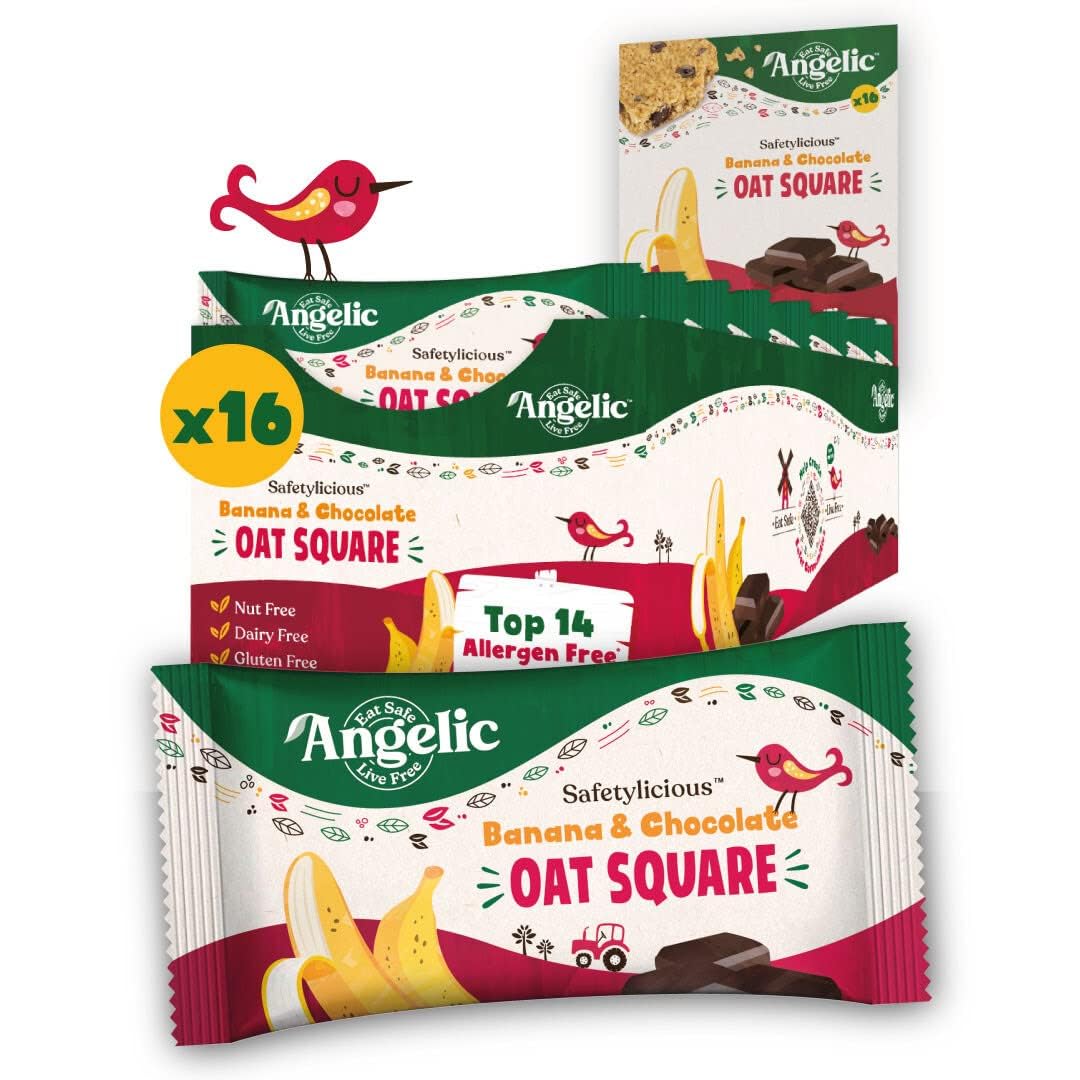 Angelic Free From 16 Pack Banana & Chocolate Oat Squares. Vegan Allergen Free Kids Snack Oat Bars For Snacks & Lunch Box. Nut, Gluten, Egg & Dairy