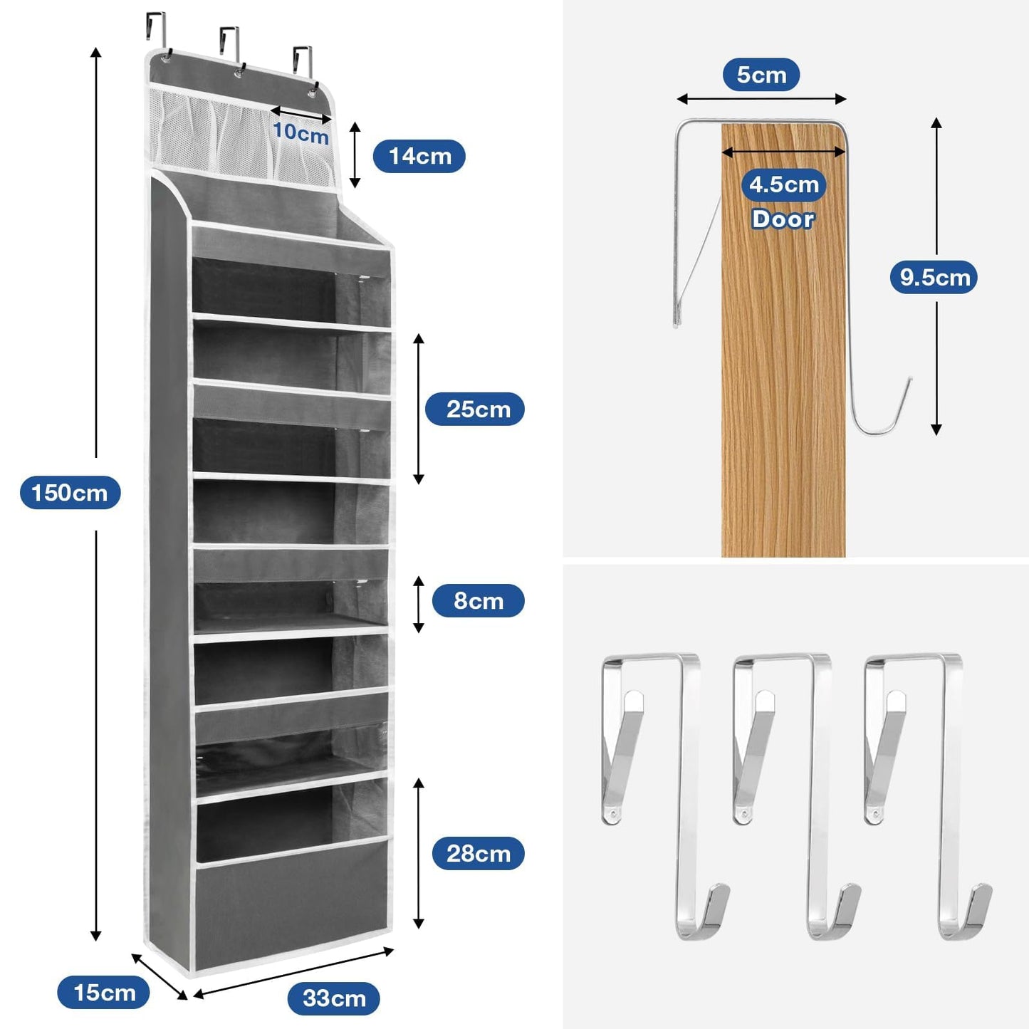 HONZUEN Over Door Hanging Organiser, Back of the Door Storage with 5 Large Shelves & 3 Mesh Pockets, Transparent Windows, Reinforced Hooks