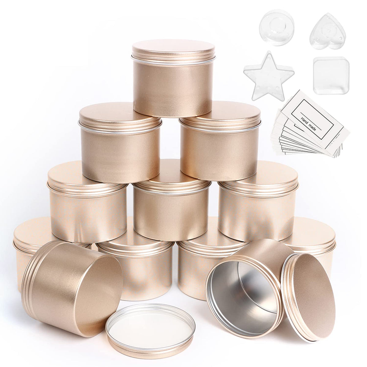 HOTOOLME Candle Jars Empty Containers Candle Tins Round Aluminium for Wax Melt Making Kit DIY Storage 12 Pack with 4 Plastic Candle Making Cup Gold