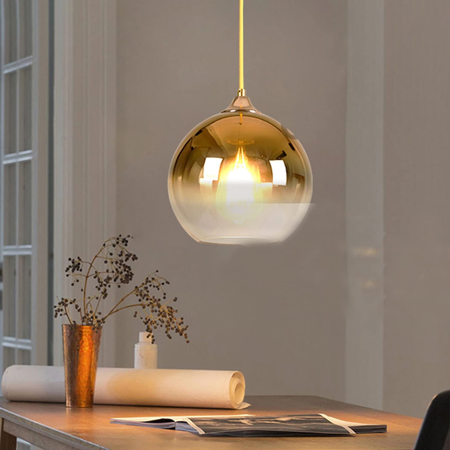 MZStech Spherical Gradient Color Glass Pendant Light Modern Glass Globe Lamp Chandelier Hanging Light (Gold, 20cm)